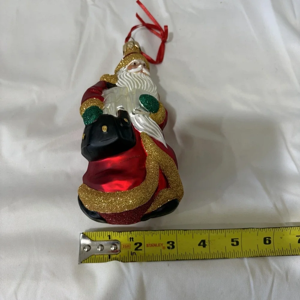 1999 Patricia Breen Through Rain and‎ Snow Santa Ornament Red Coat Bag Glass Vtg